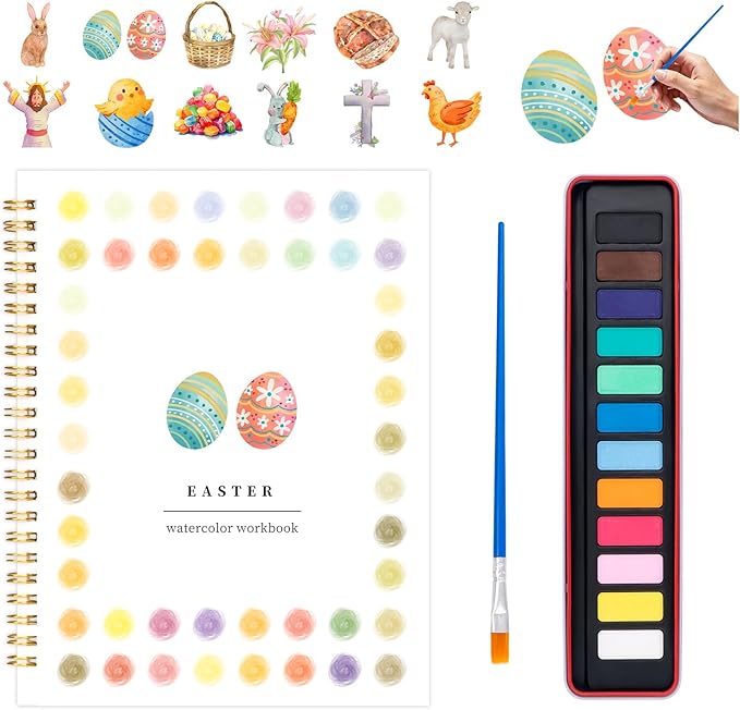 Easter Watercolor Workbook for Adults, Beginner Friendly Watercolor Painting Kit Bunny Eggs Water Coloring Book, Nature-Themed Practice Art Gift Water Color Paint Book with Palette and Brush
