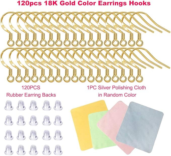 earring hooks - 120 pcs/60 pairs gold plated copper hypoallergenic ear wires fish hooks for jewelry making, jewelry findings parts with 120 pcs rubber earring backs stopper for diy earrings