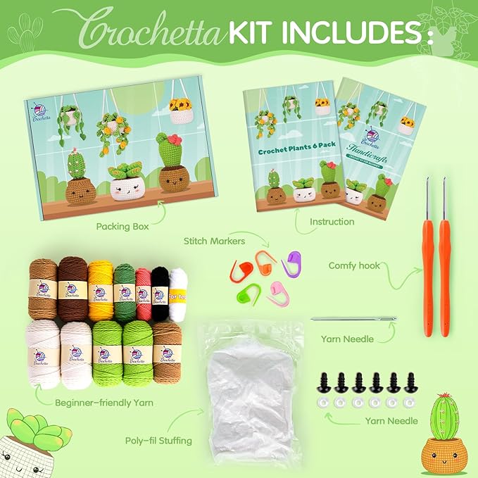 Crochetta Crochet Kit for Beginners, Crochet Starter Kits for Adults, Amigurumi Craft Knitting Crocheting Kits with Step-by-Step Video Tutorials, 6 Pc Hanging Potted Plants Family(40%+ Yarn