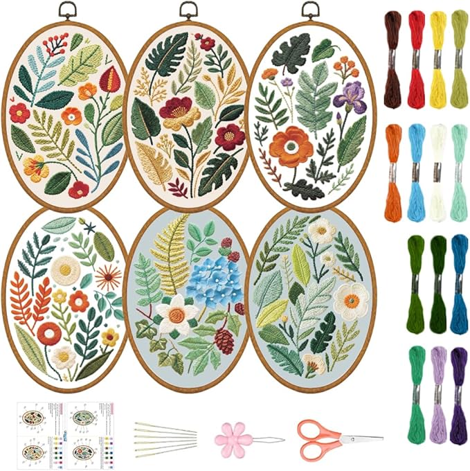 ORIGACH 6 Pack Plants Leaves & Flower Embroidery Kits for Beginners, DIY Starter Hand Embroidery Kit with Floral and Leaf Patterns and Instructions for Adults Women Crafting