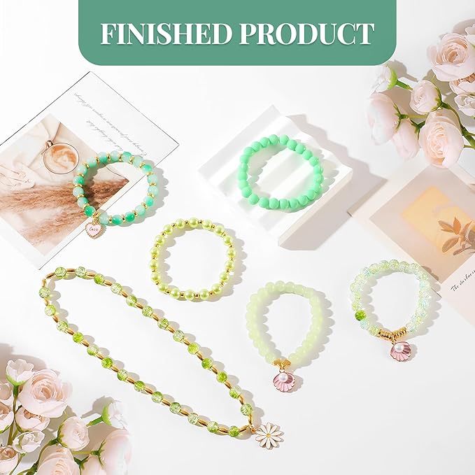 905Pcs Green Glass Beads Jewelry Making Kit for Woman - 8mm Crystal Beads for Bracelets Making with Beaded Plant & Alloy Charms for Boho Friendship Bracelets Necklace Earrings DIY Plant Making