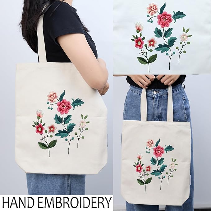 CREAWONDER Canvas Tote Bag Embroidery Kit with Pattern for Beginners, Arts and DIY Embroidery Crafts Kits for Adults, Include Instructions, Thimble, Embroidery Hoops, Color Threads and Tool