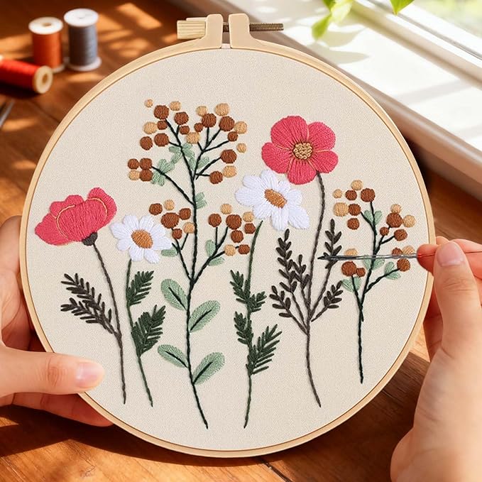 Fakindiy 4 Sets Embroidery Kit for Beginners, Flower Cross Stitch Set for Complete Starter Kit with Hoop, Threads, Needles & Tools,Hand Craft Gift for Lovers (ColorC-Flower Pattern)