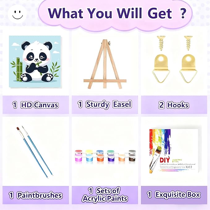 Gemozaic Paint by Numbers Kit for Kids with Frame and Easel, Cute Panda Kids Paint by Number on Canvas for Age 4-8, 8x8 Inch