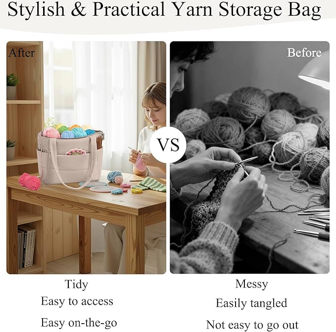 Crochet Bag for Yarn Storage, Puffer Knitting Bag with Soft Handles, Lightweight Yarn Storage Organizer with Zipper for Crochet Accessories, Gifts for Crocheters (Brown)
