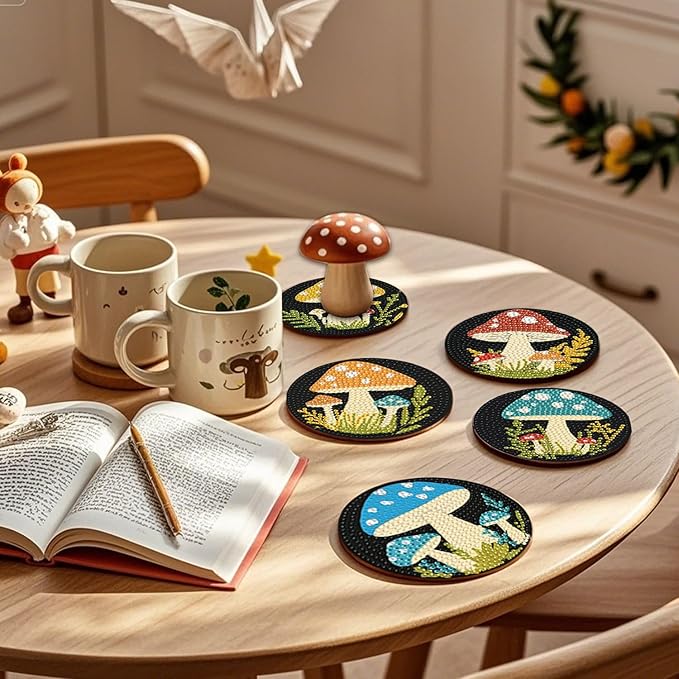 EWJRNSF 8 PCS 5D Diamond Painting Coasters Kits with Holder, Small Diamond Art Kits for Adults Beginners Diamond Dots Arts and Crafts Gems Supplies Item Mushroom Shaped