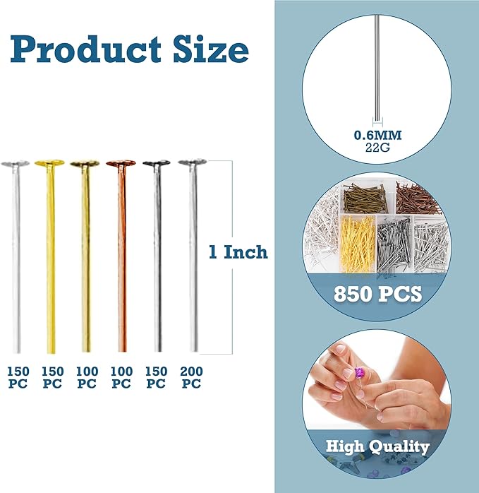 Mandala Crafts 1 Inch Metal Flat Head Pins for Jewelry Making Earring Making Supplies - 850 PCs Assorted Jewelry Findings for Making Earring DIY Bracelets Rosary Charms