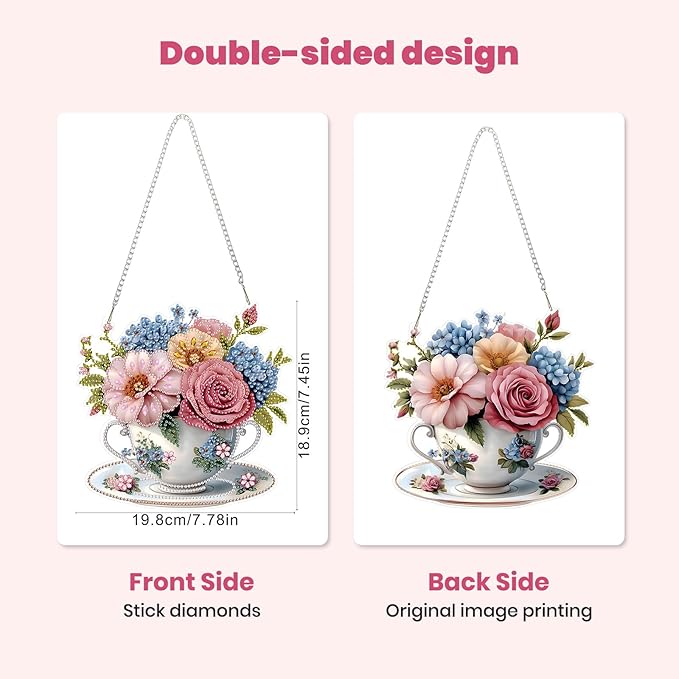 MXJSUA Teacup Floral Special Shaped Hanging Diamond Painting Art Kits for Adults, Crystal Rhinestone Acrylic Gem Art Pendant Ornaments Kit for Home Decoration and Gift