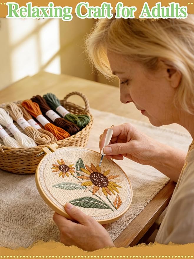 Punch Needle Kit Adults Beginner- Step-by-Step Guide & Video, Including Punch Needle Fabric with Pattern/Hoop/Needle/Yarns, Spring Embroidery Craft Kits, Easy Hobby Gifts for Women, Sunflower