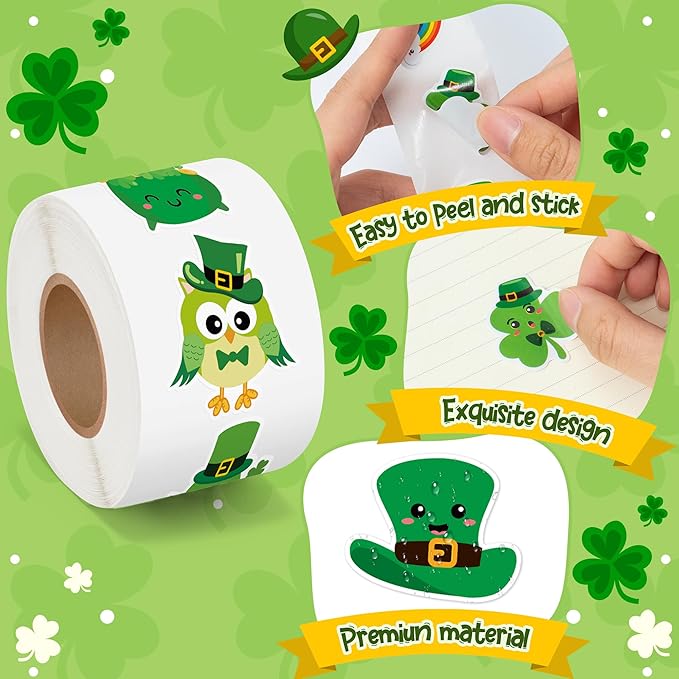 beyumi cute shamrock sticker roll - 1000pcs st. patrick's day stickers in 2 rolls waterproof cartoon irish green shamrock clover gnome decals gift party favor laptop bottle scrapbooking decor for kids