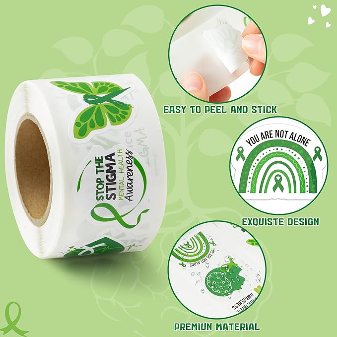 beyumi mental health awareness stickers - 1000pcs mental health stickers in 2 rolls novelty green ribbon waterproof vinyl decals for laptop bottle scrapbooking envelopes gifts classroom for kids teens