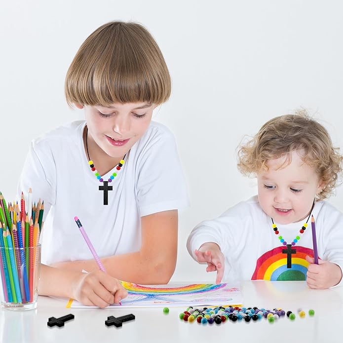 Kathfly DIY Wood Cross on Cord Pendant Necklace Sunday School Crafts for Kids Wood Cross Necklace with Colorful Beads Religious Party Favor for Vbs Church Easter Gifts