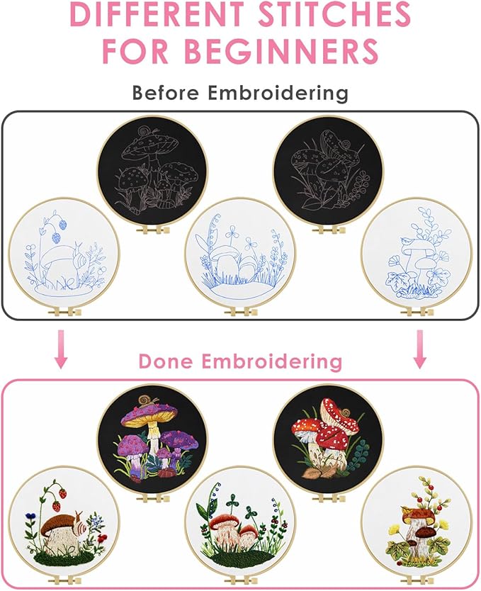 TINDTOP Embroidery Kit for Adult for Beginners, 5 Sets Mushroom Embroidery Kit for Beginners Include Embroidery Cloth Hoops Threads for Craft Lover Hand Stitch with Embroidery Skill Techniques