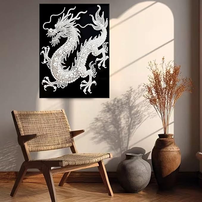 GEMFAMILY Dragon Diamond Art Painting Kits for Adults,White Dragon Diamond Painting Kits for Special Shape,DIY Pearl Diamond Dots Gem Art Craft for Home Decor 12 x 16 inch
