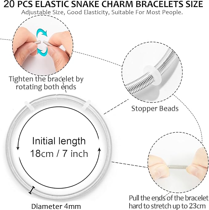 20 Pieces Snake Charm Bracelet, 4mm Expandable Charm Bangle Bracelets Silver Adjustable Friendship Snake Bracelet Chain DIY Charm Bracelet for Women Jewelry Making Christmas Birthday Gifts Supplies