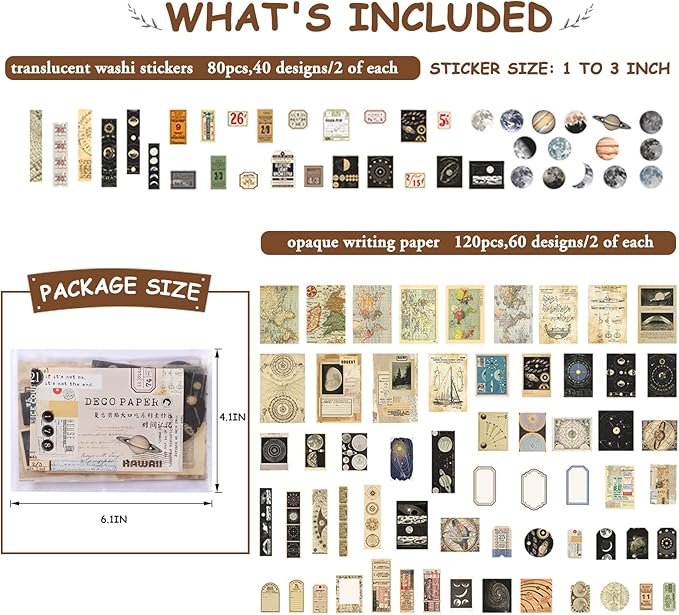 Scrapbook Supplies Pack (200 Pieces) for Art Journaling Bullet Junk Journal Supplies Planners DIY Vintage Stickers Craft Kits Notebook Collage Album Aesthetic Picture Frames (Celestial)