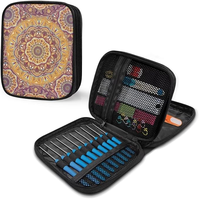Hechitok Mandala Orange Crochet Hook Case Without Hooks and Accessories Zipper Storage Organizer Bag with Web Pockets for Various Crochet Needles Accessories Crochet Hook Kit Tools