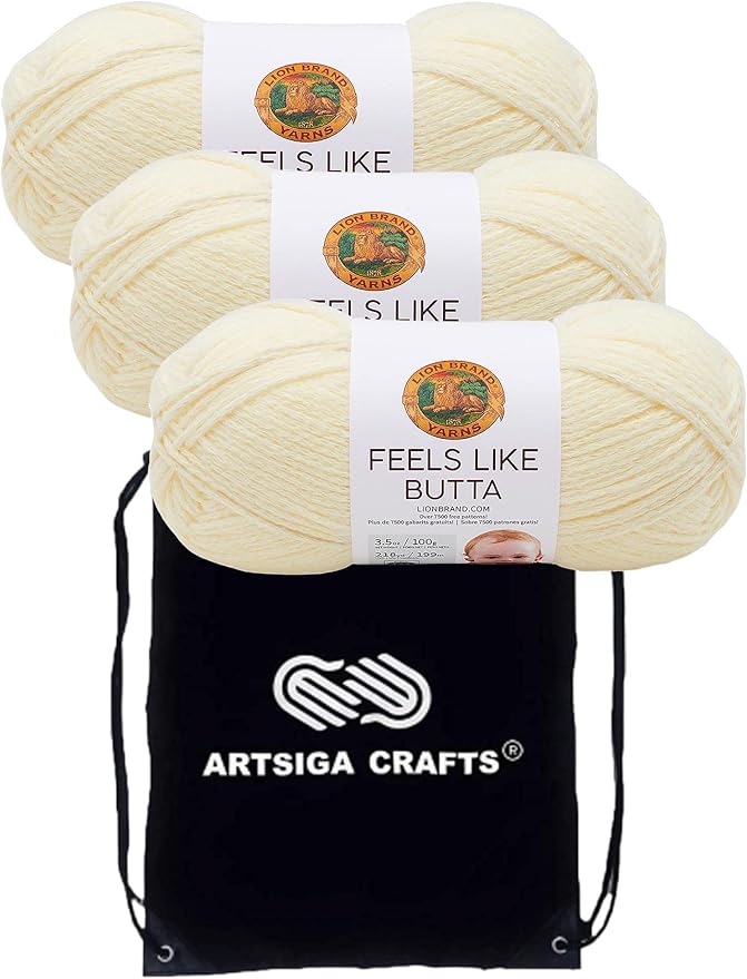 Lion Brand Feels Like Butta Lemon 215-158 (3-Skeins - Same Dye Lot) Worsted Medium #4 Polyester Yarn for Crocheting and Knitting with Project Bag