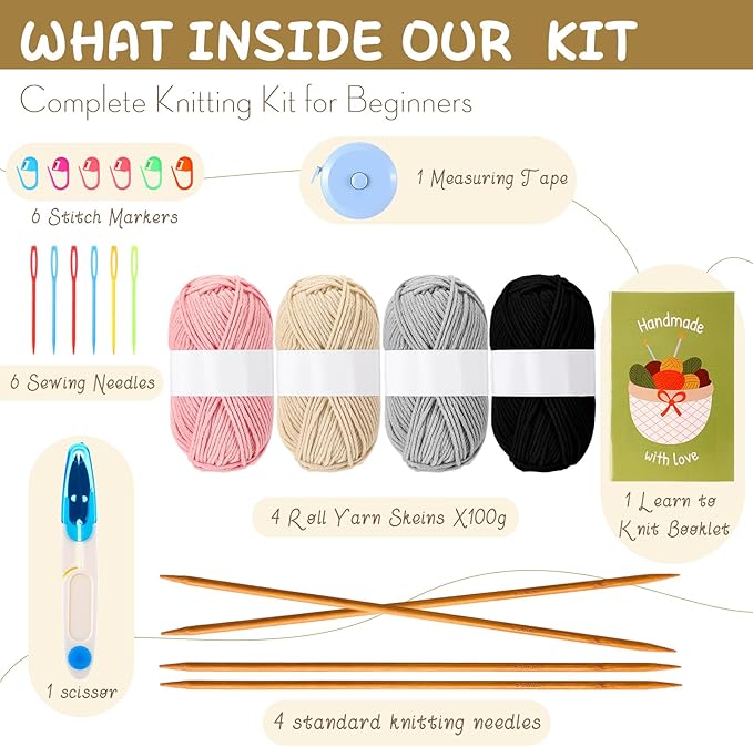 Maasechs 4 Pairs Knitting Kit for Beginners Adults Learn to Knit Gloves Hat Scarf Complete Knitting Crochet Starter Kit with Yarn Needles Stitch Markers Instruction Craft DIY Gift for Women Men Winter