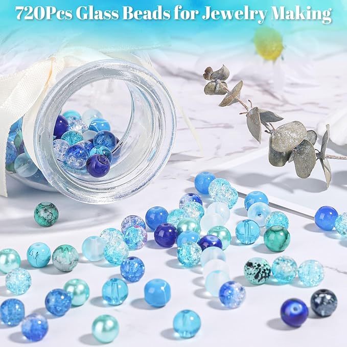 PAXCOO 720pcs Glass Beads for Jewelry Making 8mm, 24 Colors Bead Bracelet Making Kit Blue Round Loose Beads for Bracelet Earring Necklace Jewelry Making Supplies