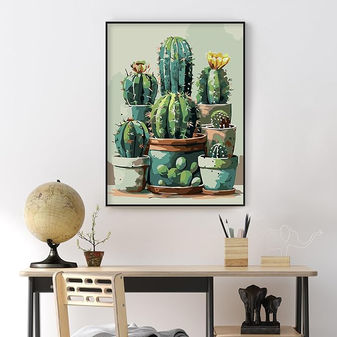 Yezavesu Cactus Framed Paint by Numbers Kit for Adults Beginner, 12x16 Inch Cactus Paint by Numbers with Frame, DIY Number Painting for Adults Plant for Home Wall Decor Gift