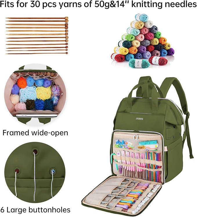Leudes Knitting Bag Backpack, Yarn Storage Organizer Large Crochet Bag Tote Christmas Gift Yarn Holder Case for Carrying Projects, Knitting Needles (Upgraded Army Green)