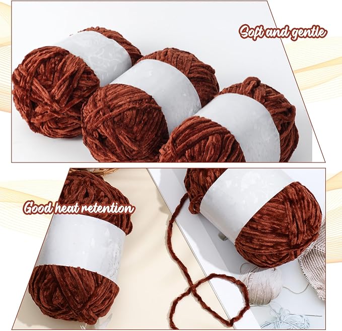 Amylove 6 Rolls Soft Velvet Chenille Yarn for Crocheting 1182 Yards Polyester Blanket Fuzzy Thick Yarn for DIY Knitting Bulky Weaving Crafts, 197 yd, 3.53 oz Each Roll(Coffee)