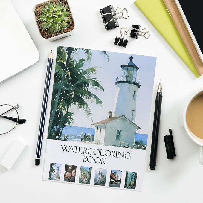 RGBMIX Urban Watercolor Paper Pad Cotton 140lb/300gsm 12 Sheets 9x12'' Water Coloring Book Line Art of Cityscapes, Lighthouse, Castle, Church, Bridge, Factory for Watercolor, Acrylic, Pencil
