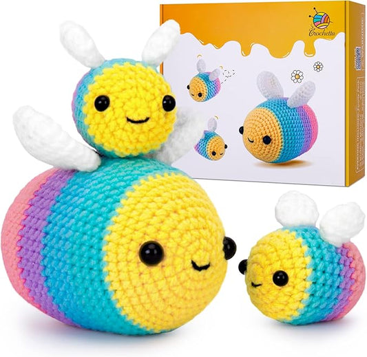 Crochetta Crochet Kit for Beginners, Beginner Crochet Starter Kit w Step-by-Step Video Tutorials, Learn to Crochet Kits for Adults Women Men, DIY Knitting Supplies, Bee Family (Yellow)