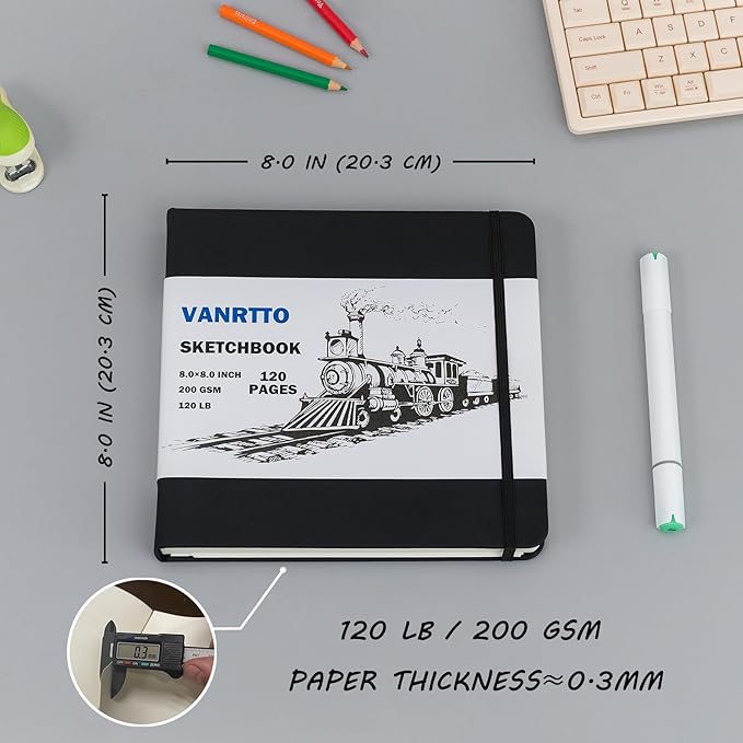 Hardcover Sketch Book, Square Sketchbook with 120LB/200GSM Thick Drawing Paper, 120 Pages/60 Sheets Sketch Pad for Adults and Kids, Large Mixed Media Sketchbook on 2 Pack 8x8 Inch