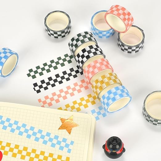 Checkered Tape Decorative Plaid Cute Washi Tape Set 0.6inch Width Colored Grid Masking Paper Tapes 5 Roll Checkerboard Flag Tape Rolls for Scrapbook Artist Craft Party Decoration Box Label