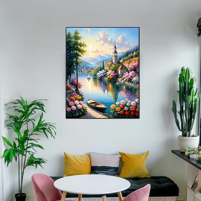 Paint by Numbers Kit for Adults Beginner,Scenery Paint by Numbers, Coastal Town DIY Oil Painting, Adult Paint by Number Kits on Canvas, Without Frame Paint by Number on Canvas for Gift Home Wall Decor