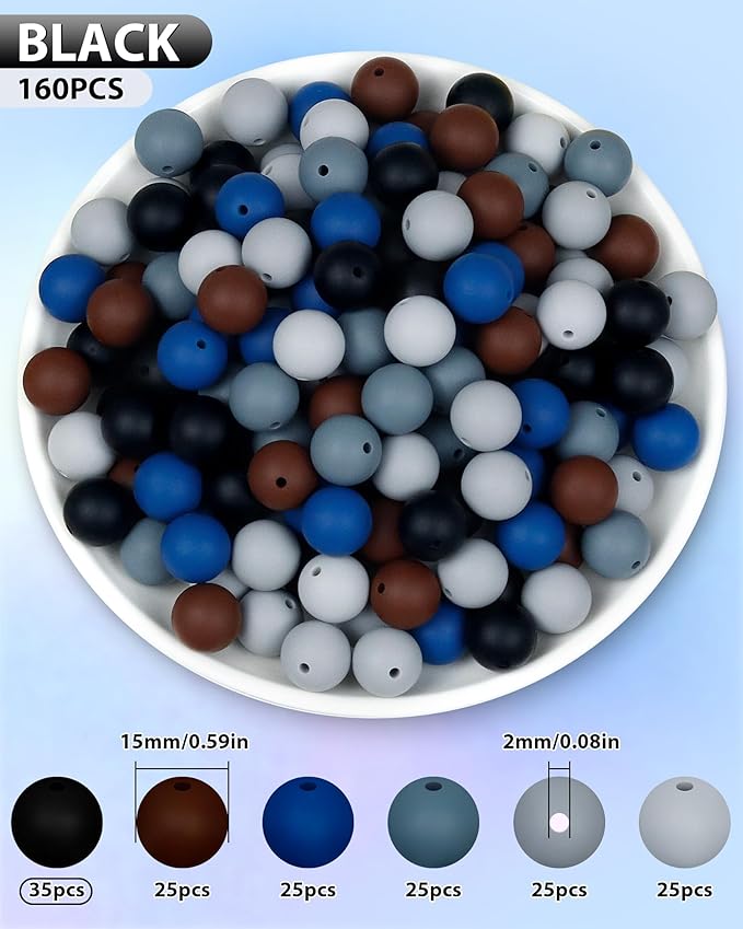 160pcs fiveizero 15mm silicone beads for keychain making - mixed color round rubber beads bulk, diy craft supplies for bracelets necklaces pens(black)