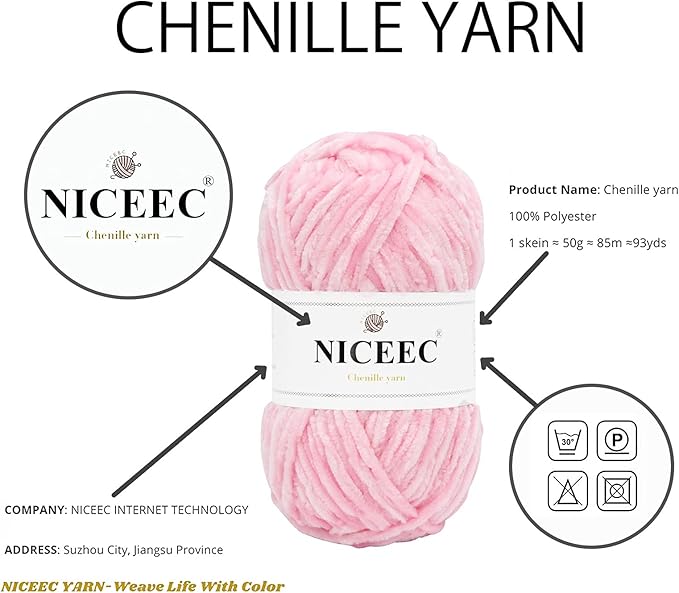 NICEEC 3 Skeins Soft Chenille Yarn Assorted Colors Blanket Yarn for Knitting Fancy Yarn for Crochet Weaving DIY Craft Total Length 3×85m (3×93yds, 3×50g)_Red Series