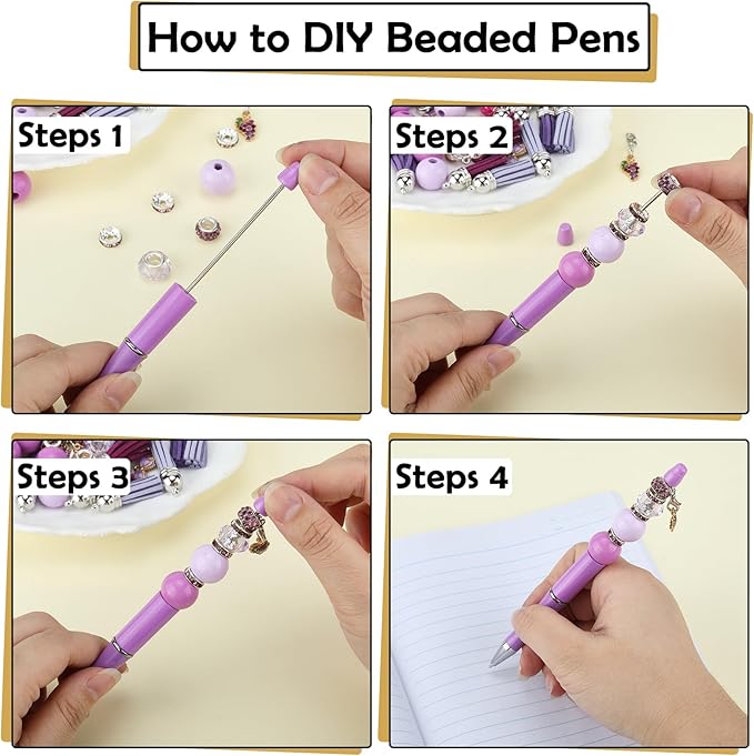 12pcs DIY Beadable Pens Bulk Pens for Beads Beaded Pen Kit for Students Teacher Office Supplies DIY Making Gifts(Purple)