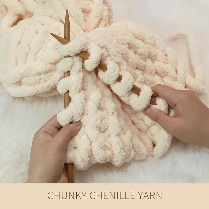 Light Beige Chunky Chenille Yarn for Crocheting Bulky Thick Fluffy Yarn for Knitting,Super Bulky Hand Blanket, Soft Plush Yarn Crochet Carpet/Scarf/Cushion/ 8 Jumbo Pack(63.76oz/197.68yd