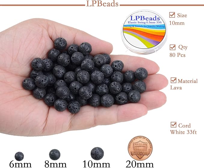 LPBeads 80Pcs Polished 10mm Round Natural Lava Gemstone Loose Beads with Stretch Cord for Jewelry Making Bracelets