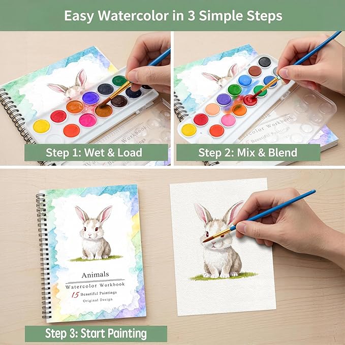 SLWBZ Watercolor Workbooks Coloring Book, Beginner Friendly Painting Kit, Easy Exquisite with Steps, Creative Exploration Watercolor Book with Paint Set for Adults Teens (Cute Rabbit, with Paint)