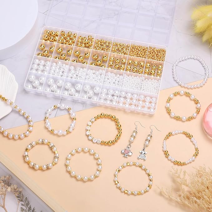 Audab Pearl Beads for Jewelry Making, 1048 Pieces Round and Gold Pearl Beads for Bracelet Making, 5 Sizes