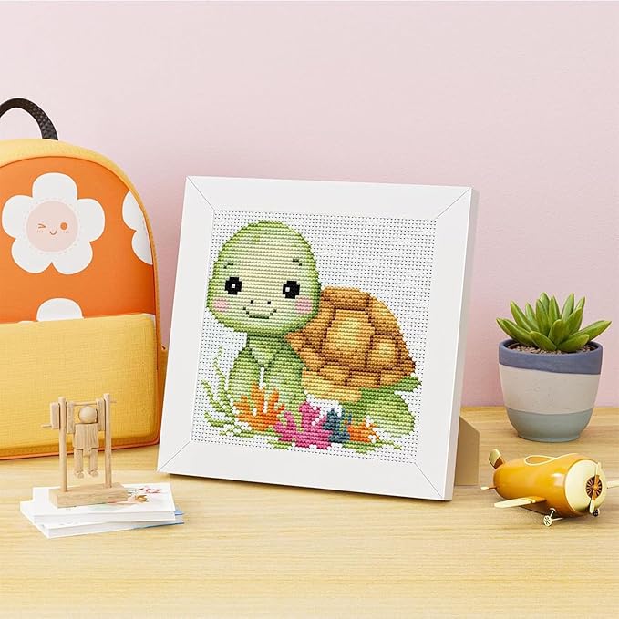 VIGEGU Turtle Cross Stitch Kits for Beginners,Stamped Cross Stitch for Adults with Framed,Crafts for Girls 8-12 Embroidery Kit Partial 11CT Cross-Stitch Arts and Crafts for Adults 6.7x6.7inch