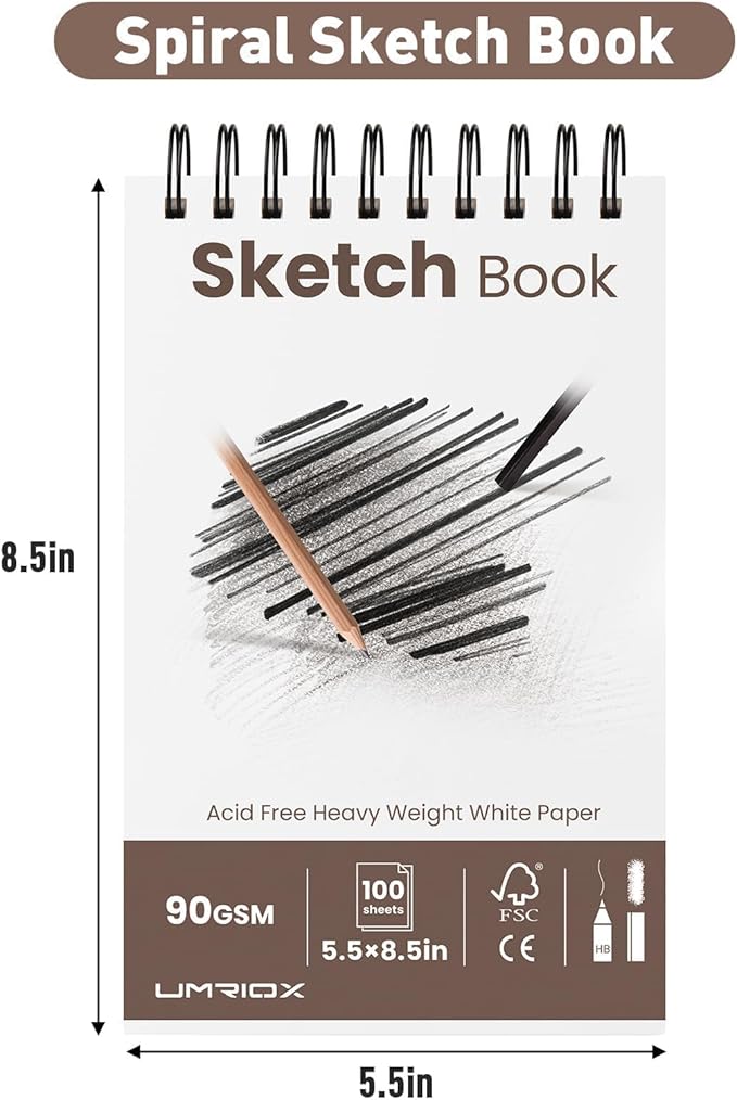 umriox small sketchbook 5.5"x8.5", 3-pack sketch pad (100 sheets each), top spiral bound sketchbook, acid-free drawing paper, art drawing pad for kids, beginners and students