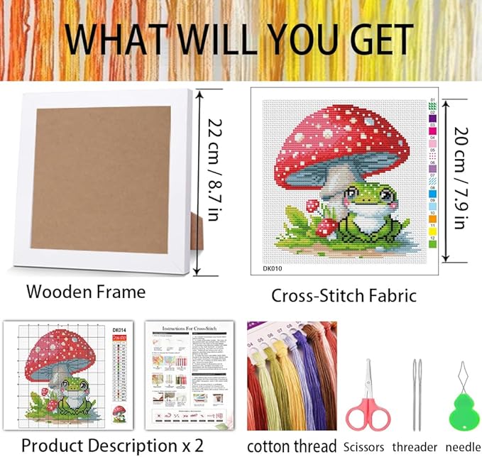VIGEGU Frog Cross Stitch Kits,Mushroom Stamped Cross Stitch Kits for Beginners Adults with Wooden Framed,Partial 11CT Cross-Stitch Embroidery Kit,Crafts for Girls 8-12 Cross Stitch 7.9x7.9inch