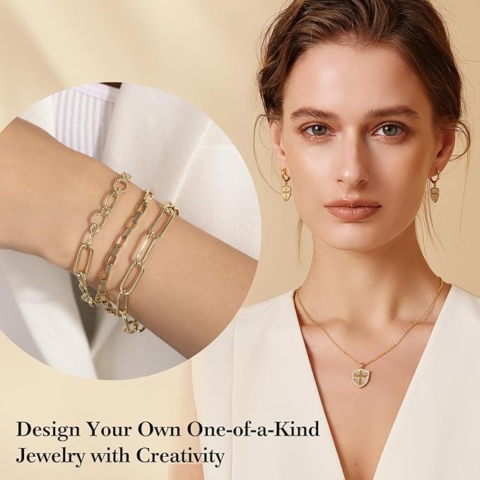 14k Gold Necklace Chains for Jewelry Making, Total 27 Feet 8 Rolls Bracelet Chains for DIY, 3.3 Feet Each Style, 14K Gold Plated Chain with Jump Rings/Lobster Clasps/Connectors