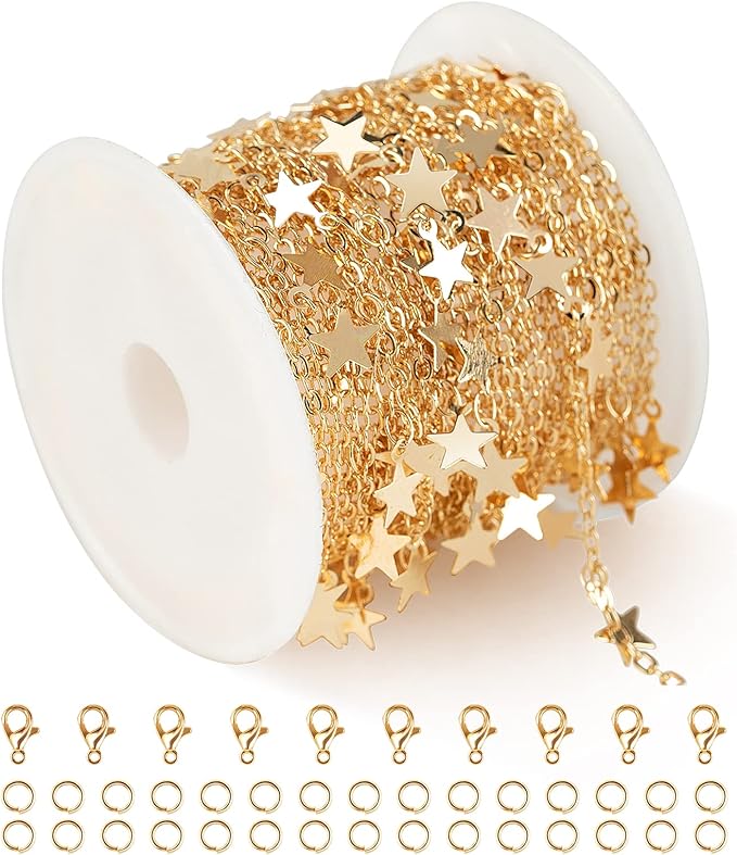 YOUBEIYEE 16.4 Feet Star Link Chain for Jewelry Making Women Necklace Chain Roll, Gold Plated Cable Chains Bulk with Jump Rings and Lobster Clasps