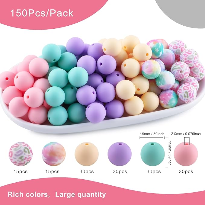 150Pcs Mixed Color 15mm Silicone Beads for Keychain Making, Mixed Color Print Print Silicone Beads for Pens and Bracelet Jewelry Making