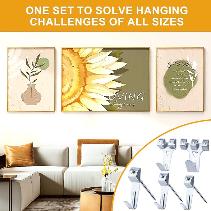 KURUI 303Pcs Picture Hanging Kit, Picture Hangers Assorted Kit with Heavy Duty Wall Hooks, Sawtooth, Picture Wire, D Rings, Hardware Nails, Eye Hooks, Silver Heavy Duty Frame Hooks
