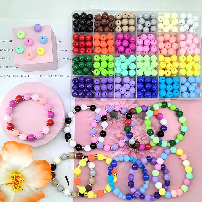 408Pcs 10mm Acrylic Round Beads for Jewelry Making, 24 Colors Rainbow Round Beads for Bracelets Making Kit Candy Color Plastic Bubble Gum Beads Pastel Loose Beads Bulk for DIY Necklace Crafts (10mm)