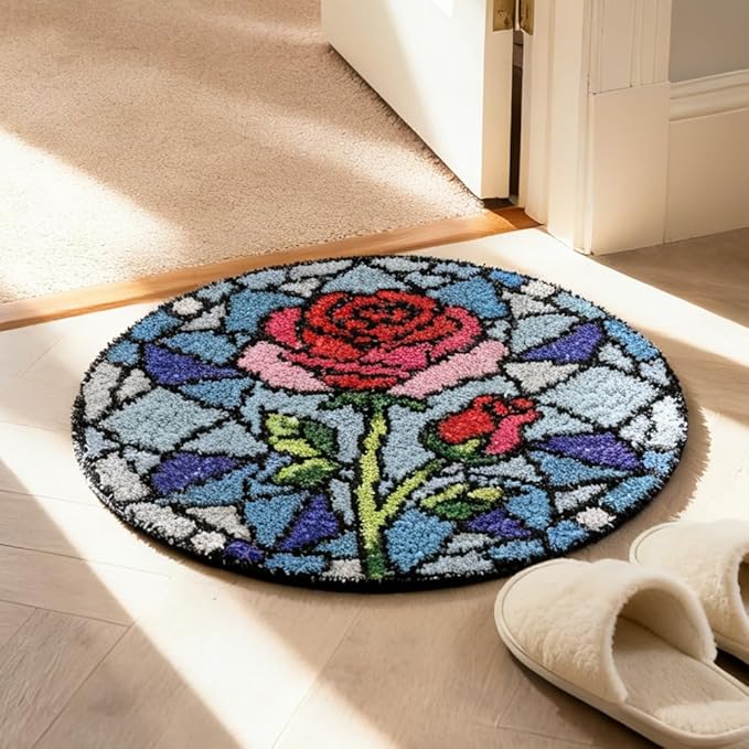 ORIGACH Stained Glass Rose Latch Hook Rug Kit for Adults Printed Rug Making Kit Handmade Carpet Tapestry Cover with Hook Latch and Preprinted Canvas, Home Arts Crafts Sofa Decor, 19.6x19.6inch