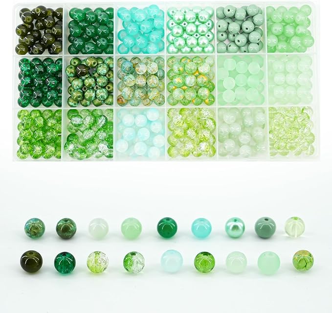 Hanyoung St. Patrick 8mm Glass Beads for Bracelet,18 Colors 450 pcs Green Beads for Jewelry Making kit, Crystal Glass Round Beads for DIY Crafts Gifts (Green Color)