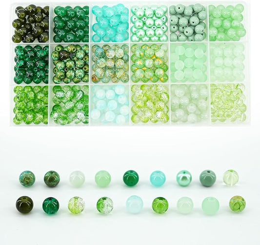 Hanyoung St. Patrick 8mm Glass Beads for Bracelet,18 Colors 450 pcs Green Beads for Jewelry Making kit, Crystal Glass Round Beads for DIY Crafts Gifts (Green Color)